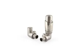 Niva corner thermostatic radiator valve and matching lockshield in a Satin Nickel finish, shown on a white background.