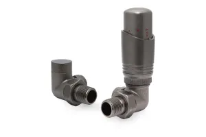 Niva corner thermostatic radiator valve and matching lockshield valve in a Natural Pewter finish, on a white background.