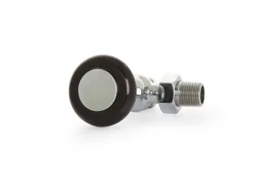Windsor angled manual radiator valve in chrome with a dark brown round head and threaded tail, on a white background.