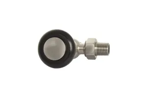 Windsor angled manual radiator valve in Satin Nickel with a black head and nickel cap, shown end-on with its threaded tail on a white background.