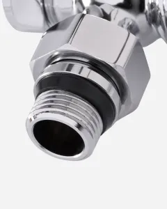Close-up of the threaded tail and hexagonal nut of a Windsor angled radiator valve in polished chrome, on a pale grey background.