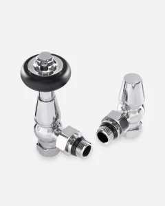 Windsor angled thermostatic radiator valve pair in chrome, one with a black wheel head, with matching lockshield, on a white background.