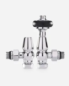 Pair of Windsor angled radiator valves in polished chrome: a thermostatic valve with a black head beside a matching lockshield, on a white background.