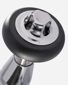 Close-up of a Windsor angled radiator valve head: a round black handwheel with a polished chrome slotted cap on a chrome body, on white.