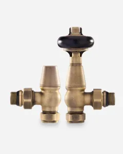 Pair of Windsor angled radiator valves in Natural Brass, a thermostatic valve with black head beside a capped lockshield, on a white background.