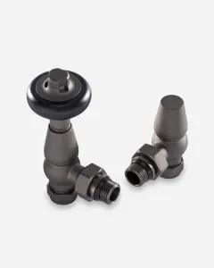 Pair of Windsor angled radiator valves in Natural Pewter, one with a black round wheel head and one with a lockshield cap, on a white background.