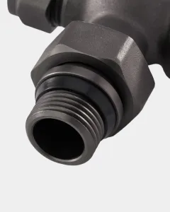 Close-up of a Windsor radiator valve in Natural Pewter, showing the hexagonal nut and threaded tail with black seal on a pale grey background.