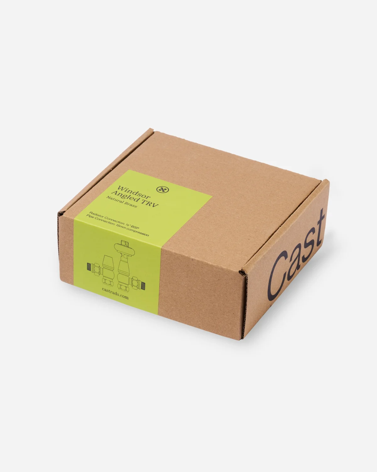 Kraft cardboard box with a green label reading Windsor Angled TRV, Natural Brass, and a line drawing of the valve, on a pale grey background.