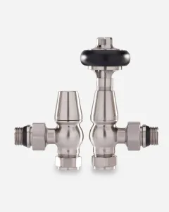 Windsor angled thermostatic radiator valve with black head and matching lockshield in Satin Nickel, on a plain light grey background.