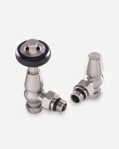 Windsor Angled TRV in Satin Nickel, shown as a pair: an angled valve with a black wheel head beside a matching lockshield, on a white background.