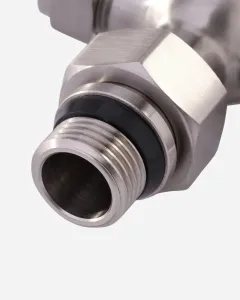 Close-up of the threaded tail of a Windsor angled radiator valve in Satin Nickel, with a hex nut and black rubber seal, on a plain white background.