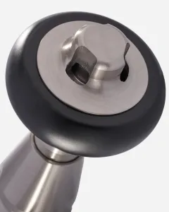 Close-up of a Windsor angled radiator valve in Satin Nickel with a black round head and brushed metal top, on a white background.