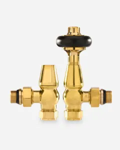 Windsor angled thermostatic radiator valve with black head and matching lockshield in polished Unlacquered Brass, on a plain white background.