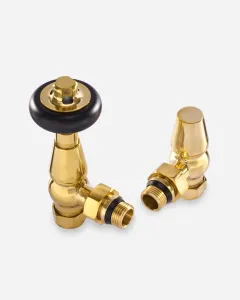 Pair of Windsor angled radiator valves in unlacquered brass: one with a black wheel head, one with a capped lockshield, on a white background.