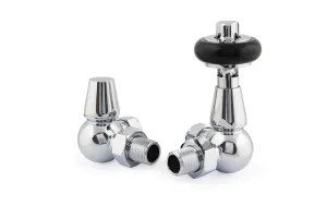 Pair of chrome Windsor corner radiator valves, one thermostatic with a black head and one lockshield, on a white background.