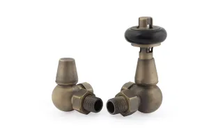 Pair of Windsor corner radiator valves in Natural Brass, a thermostatic valve with black head and a lockshield, on a white background.