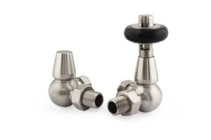 A pair of Windsor corner radiator valves in Satin Nickel, one thermostatic with a black head, the other a lockshield, on a white background.