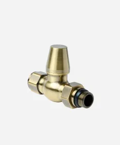Windsor straight radiator valve in brushed Antique Brass with a tapered head, hexagonal nuts and threaded tail, on a plain white background.
