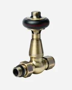 Windsor straight thermostatic radiator valve in Antique Brass with a black head and hexagonal union nuts, on a plain white background.
