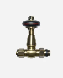 Windsor straight radiator valve in Antique Brass with a black round head banded in red, union nut and threaded tail, on a white background.