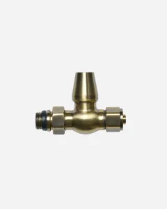 Windsor straight radiator valve in Antique Brass with a tapered cap, hexagonal union nuts and a threaded tail, on a plain light background.