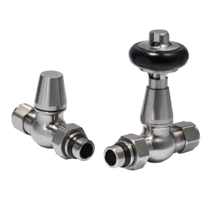 Windsor straight thermostatic radiator valve pair in Satin Nickel, one with a black head, beside a matching lockshield on a white background.