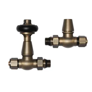 Windsor straight thermostatic radiator valve with black head and matching lockshield in Natural Brass, shown on a white background.