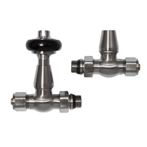 Pair of Windsor straight radiator valves in Satin Nickel, one with a black wheel head, the other with a conical lockshield cap, on white.