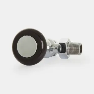 Windsor angled manual radiator valve in chrome with a black round head and chrome cap, threaded tail and hex nut, on a pale grey background.