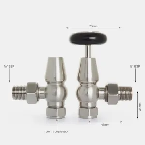Pair of Windsor angled manual radiator valves in Satin Nickel, one with a black wheel head, annotated with 70mm, 45mm and 35mm dimensions.