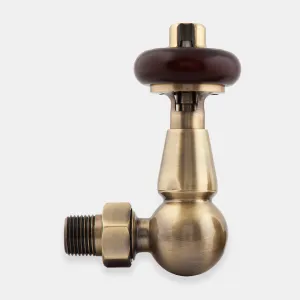 Windsor corner radiator valve in Natural Brass with a dark wooden head, spherical body and threaded tail, on a plain white background.