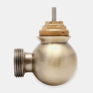 Windsor corner thermostatic radiator valve body in Natural Brass, with a spherical body, threaded side outlet and exposed pin, without its head.