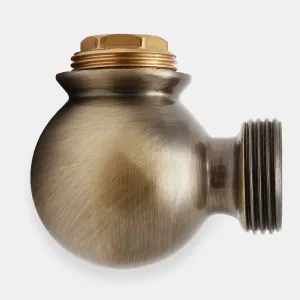 Spherical Windsor corner radiator valve body in brushed Natural Brass, with a hex-capped threaded top and a threaded side outlet, on a light grey background.