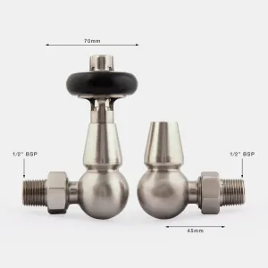 Windsor corner thermostatic radiator valve and matching lockshield in Satin Nickel, black head, with 70mm, 45mm and 1/2" BSP dimensions marked.