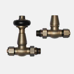 Windsor straight thermostatic radiator valve with black wheel head and matching lockshield in Natural Brass, on a plain grey background.