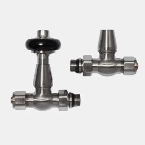 Windsor Straight TRV pair in Satin Nickel: a valve with a black wheel head beside a lockshield with a conical cap, on a plain grey background.