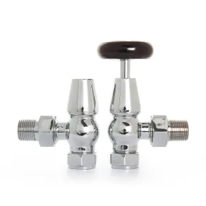 A pair of Windsor angled radiator valves in polished chrome, one with a black round wheel head and one lockshield, on a white background.