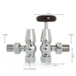 Pair of Windsor angled manual radiator valves in chrome, one with a black wheel head, on white with dimensions labelled.