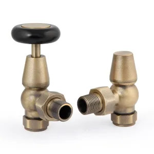 A pair of Windsor angled radiator valves in Natural Brass, one with a black wheel head and one with a capped lockshield, on white.
