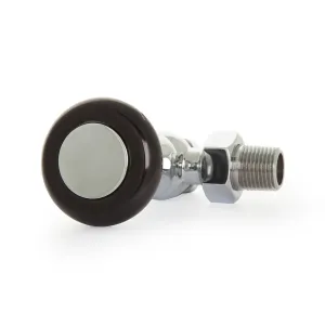 Windsor angled manual radiator valve in chrome with a black round head and polished cap, shown with threaded tail on a white background.
