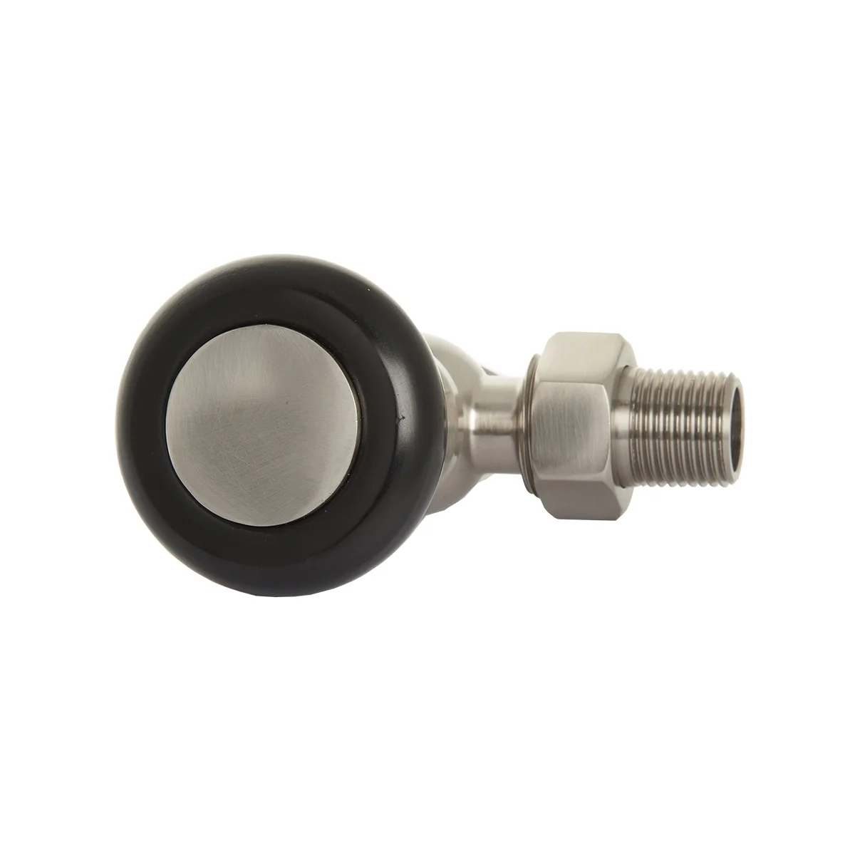 Windsor angled manual radiator valve in Satin Nickel with a black head and brushed nickel cap, viewed end-on against a white background.