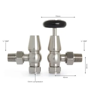 Pair of Windsor angled manual radiator valves in Satin Nickel, one with a black wheel head, on white with dimensions marked.