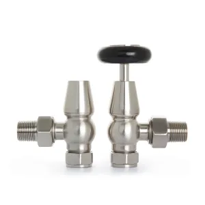 A pair of Windsor angled radiator valves in Satin Nickel, one with a black wheel head and one lockshield, on a white background.
