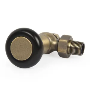 Windsor angled manual radiator valve in Natural Brass with a black round head and brass centre cap, threaded tail and hex nut, on white.