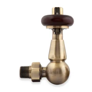 Windsor corner radiator valve in Antique Brass with a dark wooden head, ball-shaped body and threaded tail, on a white background.