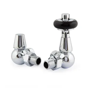 Windsor corner radiator valve pair in polished chrome, a thermostatic valve with black head and a lockshield, on a white background.