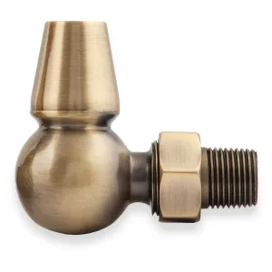 Windsor corner radiator valve in Antique Brass, with a ball body, tapered lockshield cap, hex nut and threaded tail, on a white background.