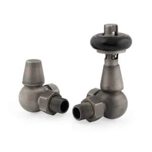 Pair of Windsor corner radiator valves in Natural Pewter, one thermostatic head with a black collar and a lockshield, on a white background.