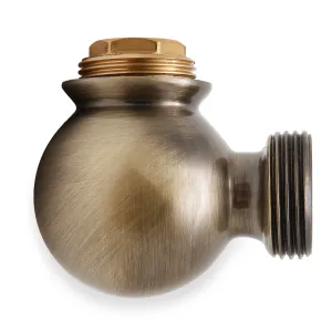 Spherical Windsor corner radiator valve body in brushed Antique Brass, with a hex brass tail on top and a threaded side outlet, on white.
