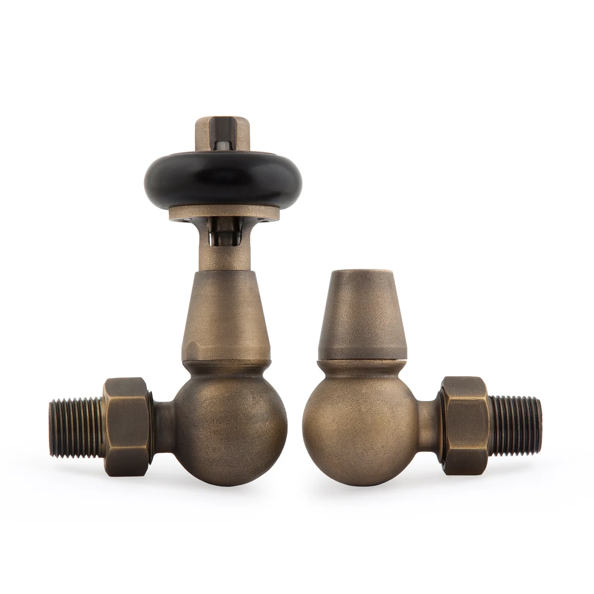 Windsor corner radiator valve pair in Natural Brass, one with a black round head, the other a lockshield, on a white background.